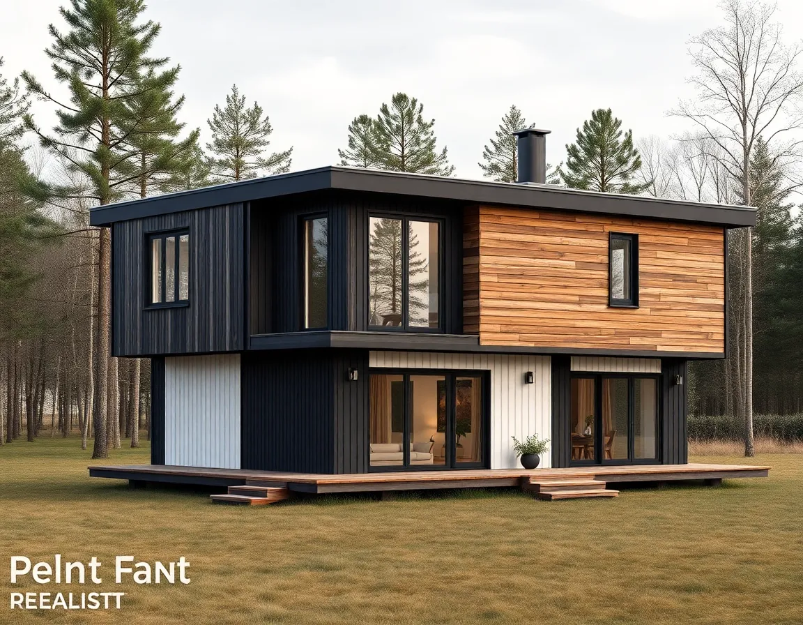 Modern modular prefab house with stacked timber volumes