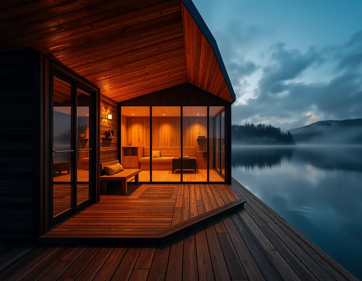 Modern Nordic outdoor sauna cabin by a forest lake at dusk